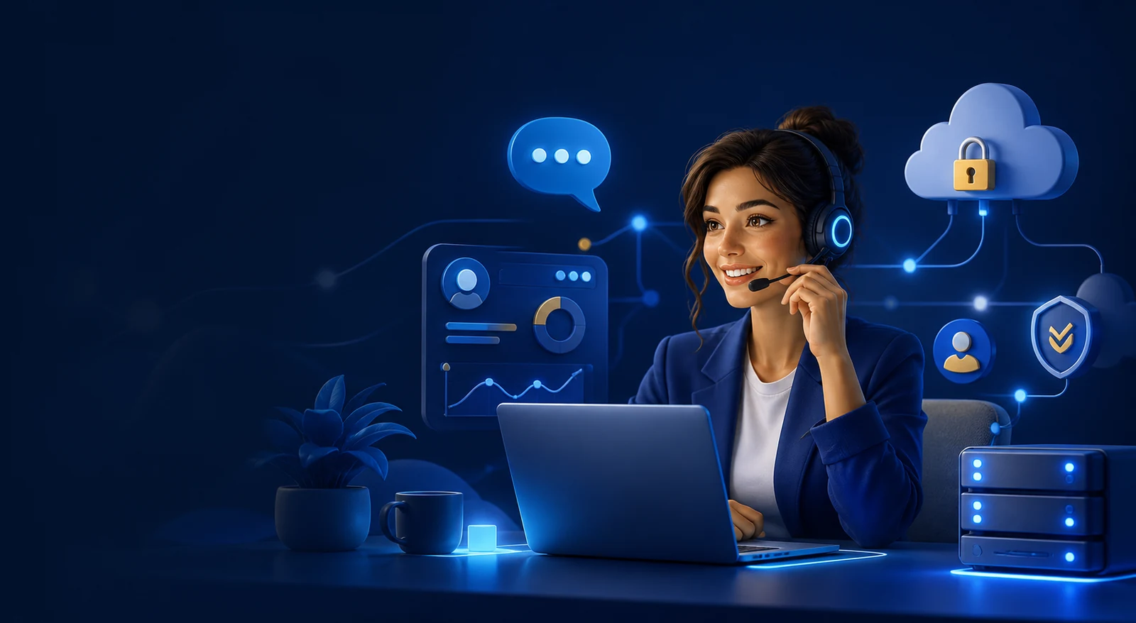 Especialista de atención al cliente brindando soporte tecnológico