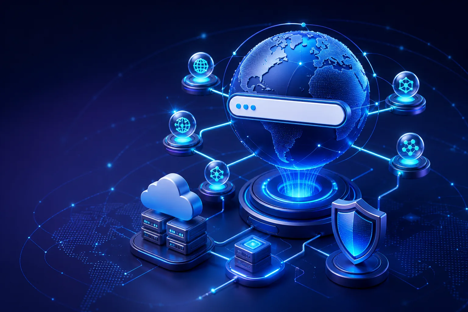 Globo conectado mediante DNS a dominios, servidores cloud y seguridad web