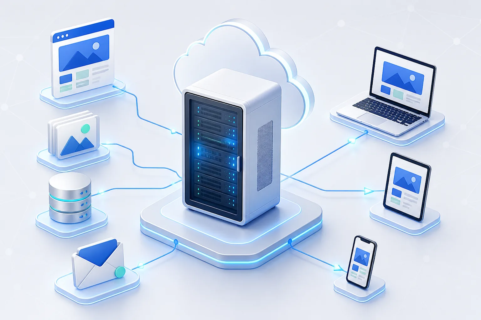 Servidor de hosting conectado con una página web, archivos, base de datos, correo y dispositivos