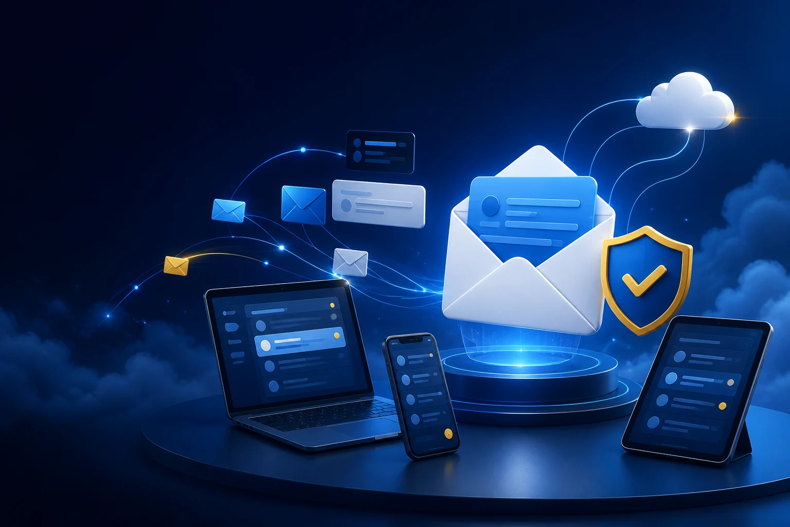 Correo corporativo seguro conectado con computadora, teléfono y tablet
